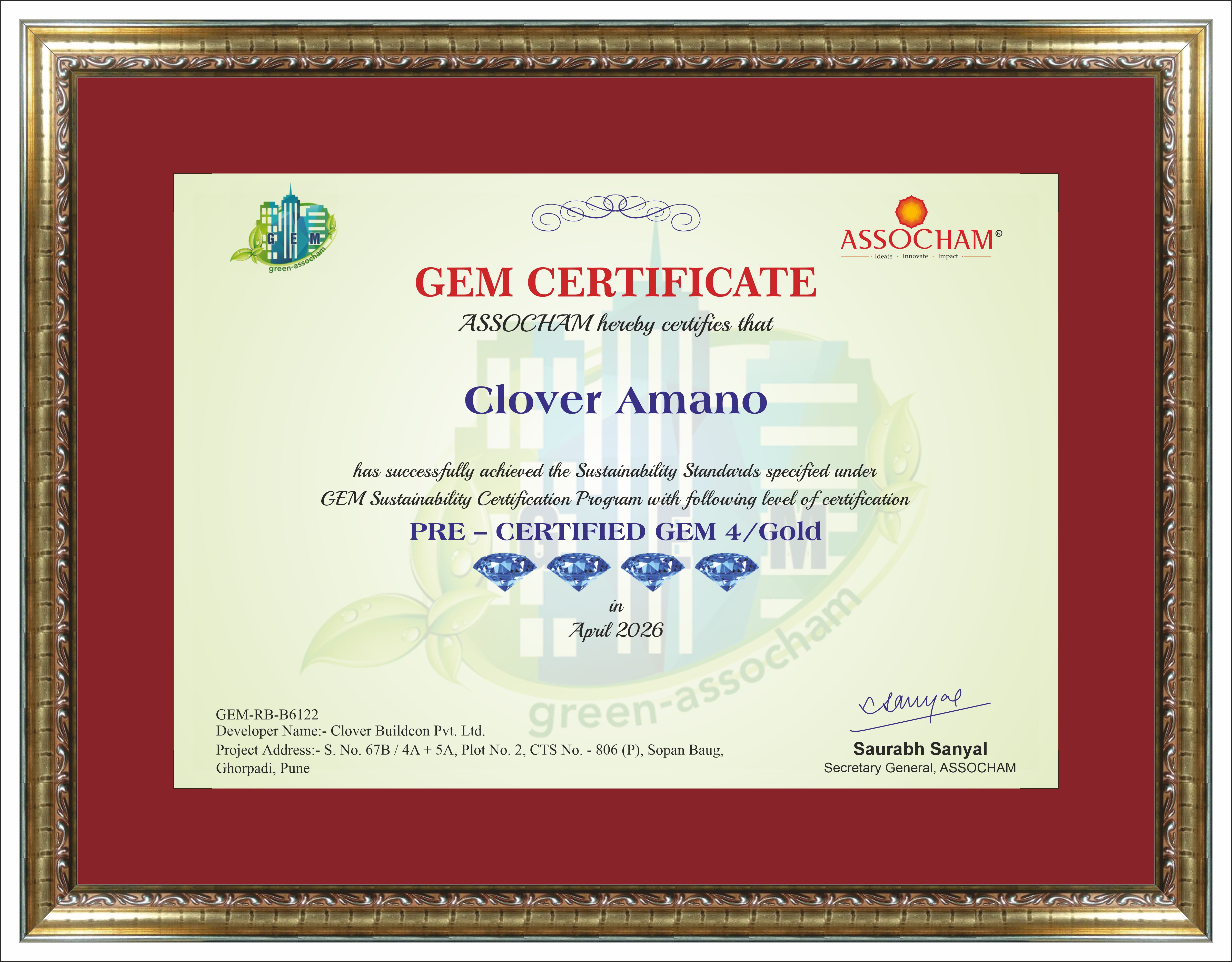 ASSOCHAM GEM Sustainability Certificate: Pre-certified GEM 4 / Gold, Clover Amano