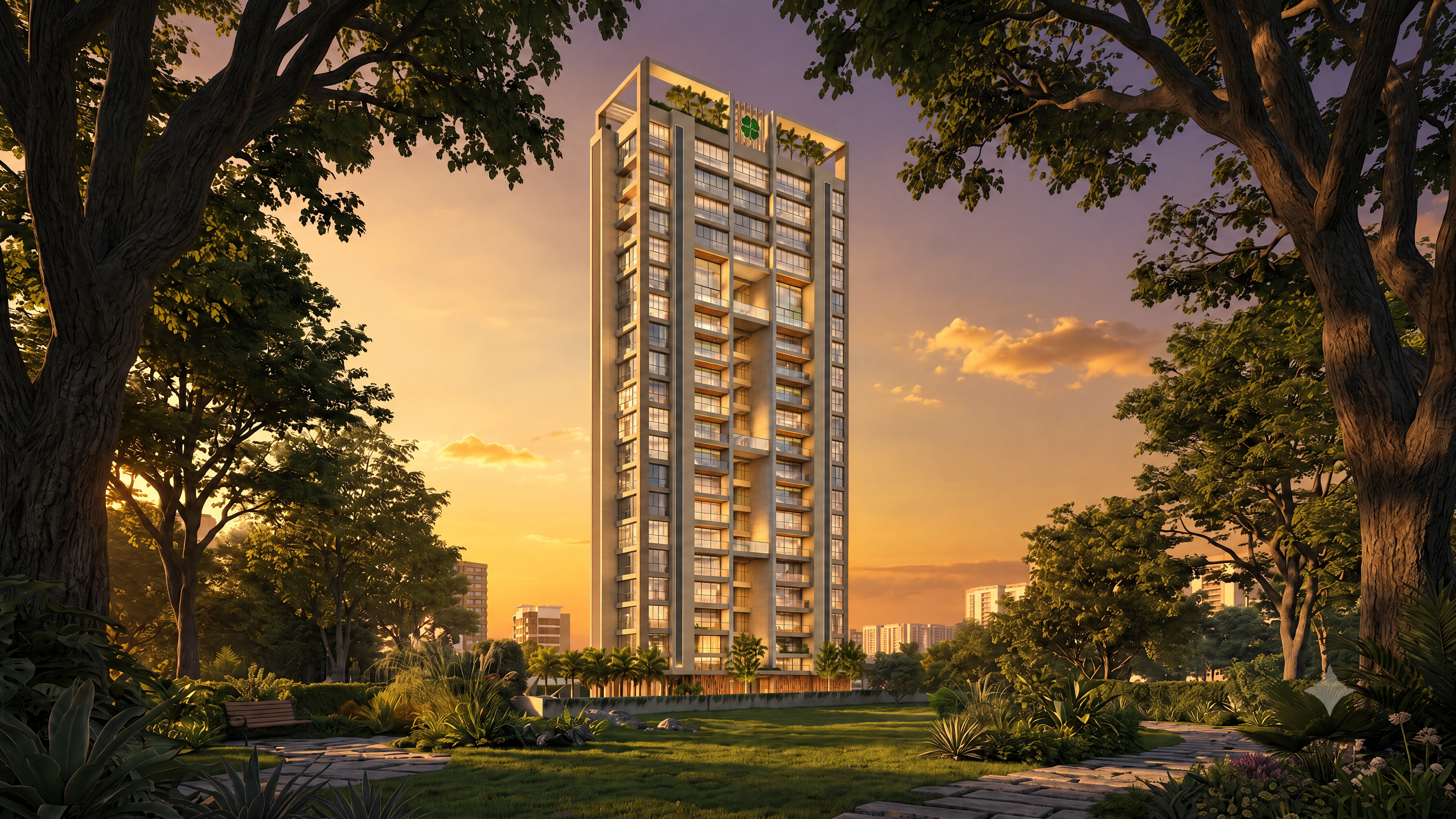 Exterior view of the Clover Amano tower at sunset, framed by trees