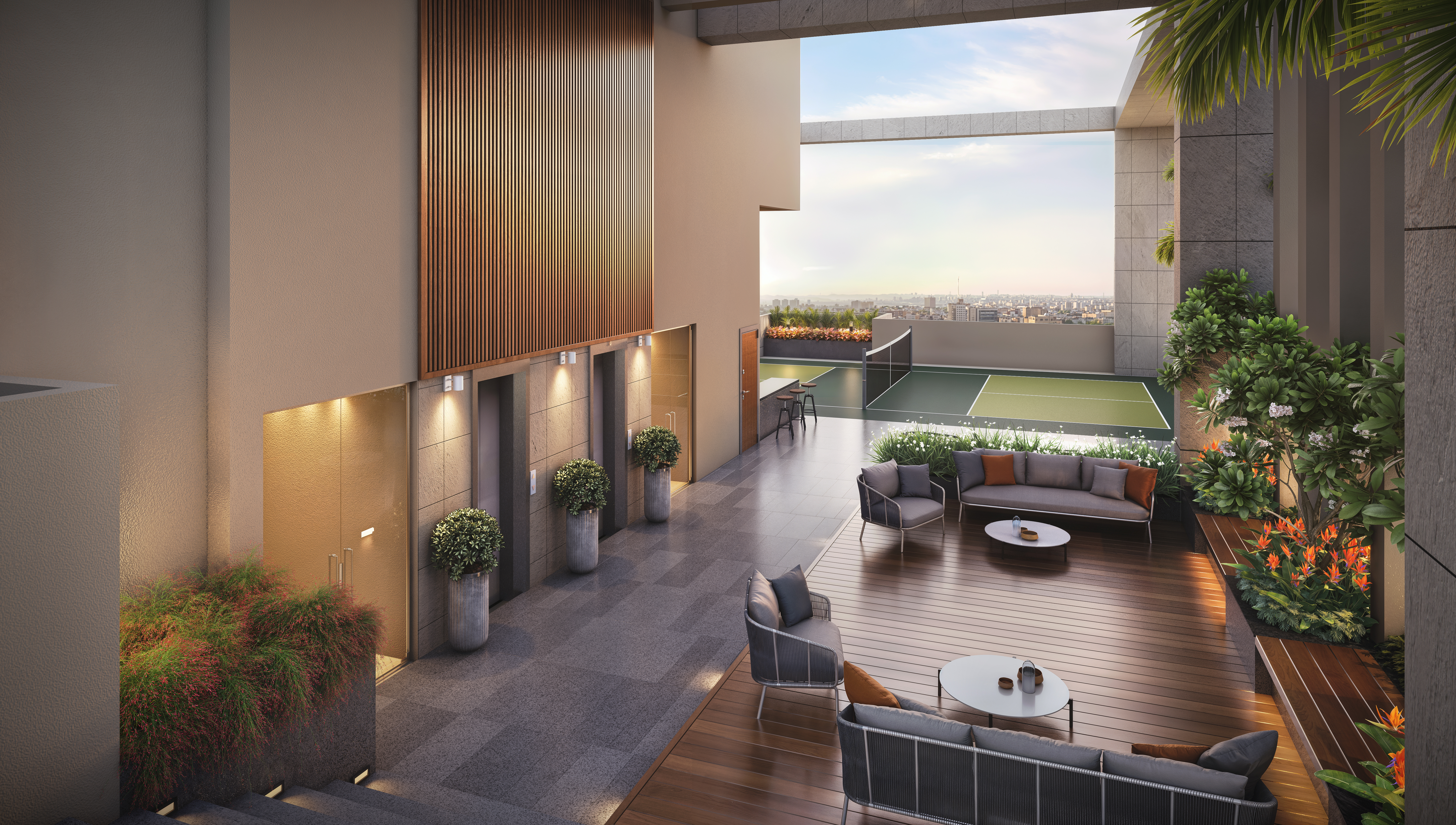 Rooftop terrace and pickleball court at Clover Amano